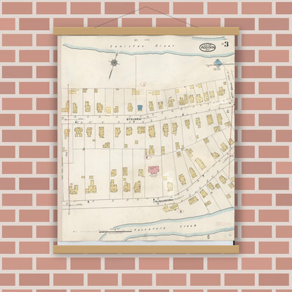 Old map wall art mockup — magnetic wood frame on brick wall — Sanborn Fire Insurance Map from Addison, Steuben County, New York (1945), Sheet #0003