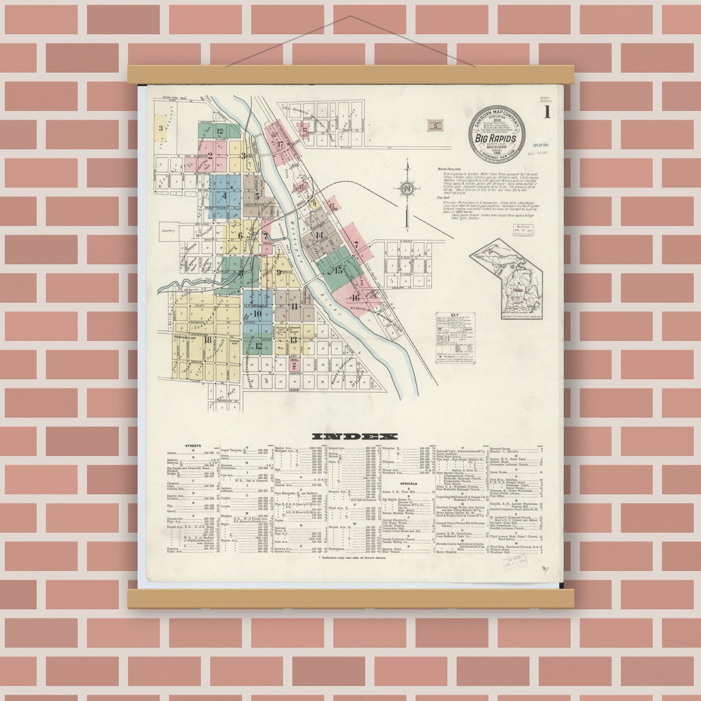 Old map wall art mockup — magnetic wood frame on brick wall — Sanborn Fire Insurance Map from Big Rapids, Mecosta County, Michigan (1914), Sheet #0001