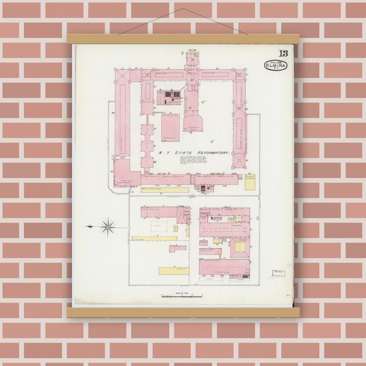 Old map wall art mockup — magnetic wood frame on brick wall — Sanborn Fire Insurance Map from Elmira, Chemung County, New York (1892), Sheet #0013