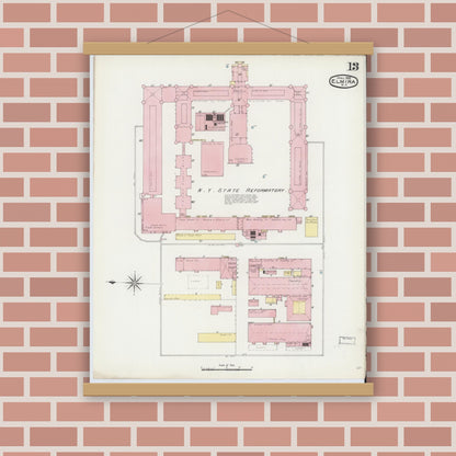 Old map wall art mockup — magnetic wood frame on brick wall — Sanborn Fire Insurance Map from Elmira, Chemung County, New York (1892), Sheet #0013