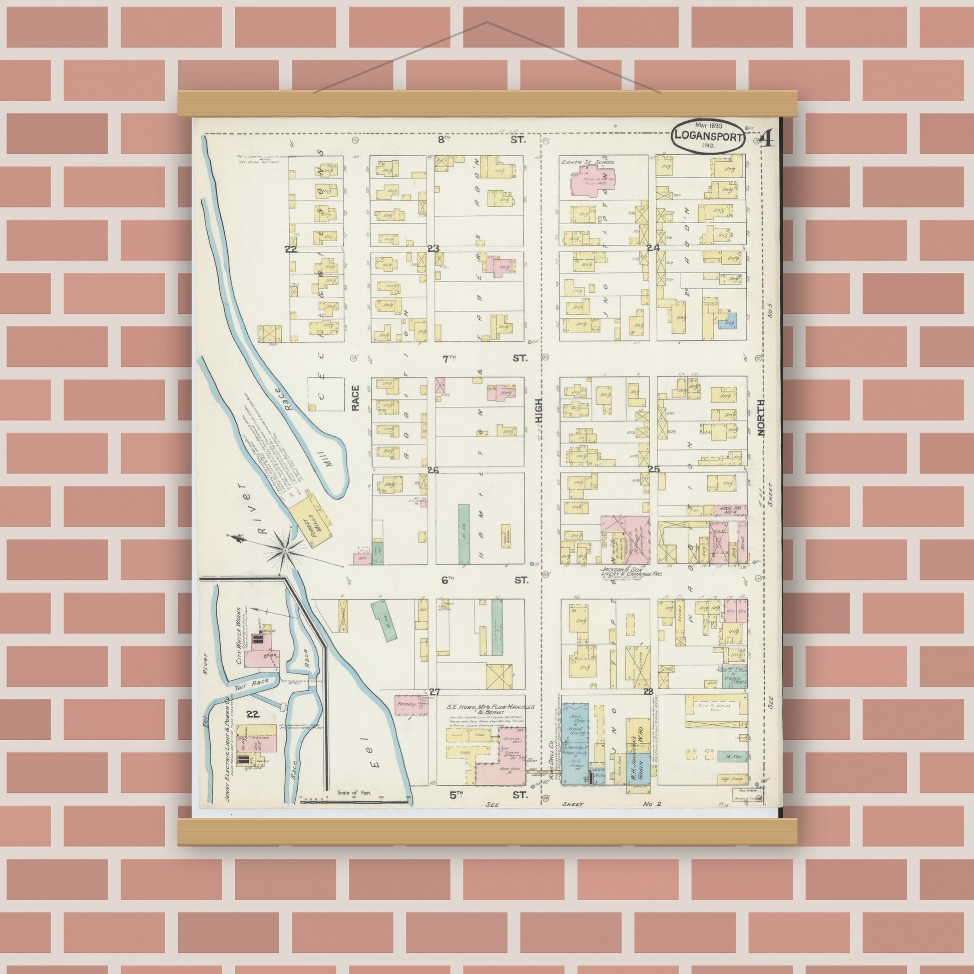 Old map wall art mockup — magnetic wood frame on brick wall — Sanborn Fire Insurance Map from Logansport, Cass County, Indiana (1890), Sheet #0004