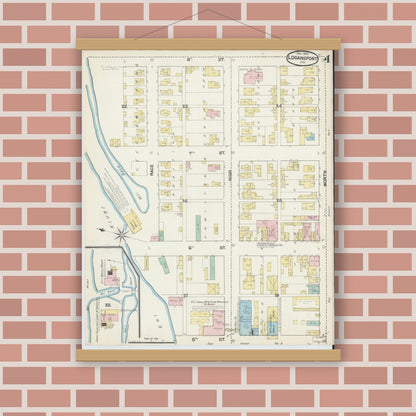 Old map wall art mockup — magnetic wood frame on brick wall — Sanborn Fire Insurance Map from Logansport, Cass County, Indiana (1890), Sheet #0004