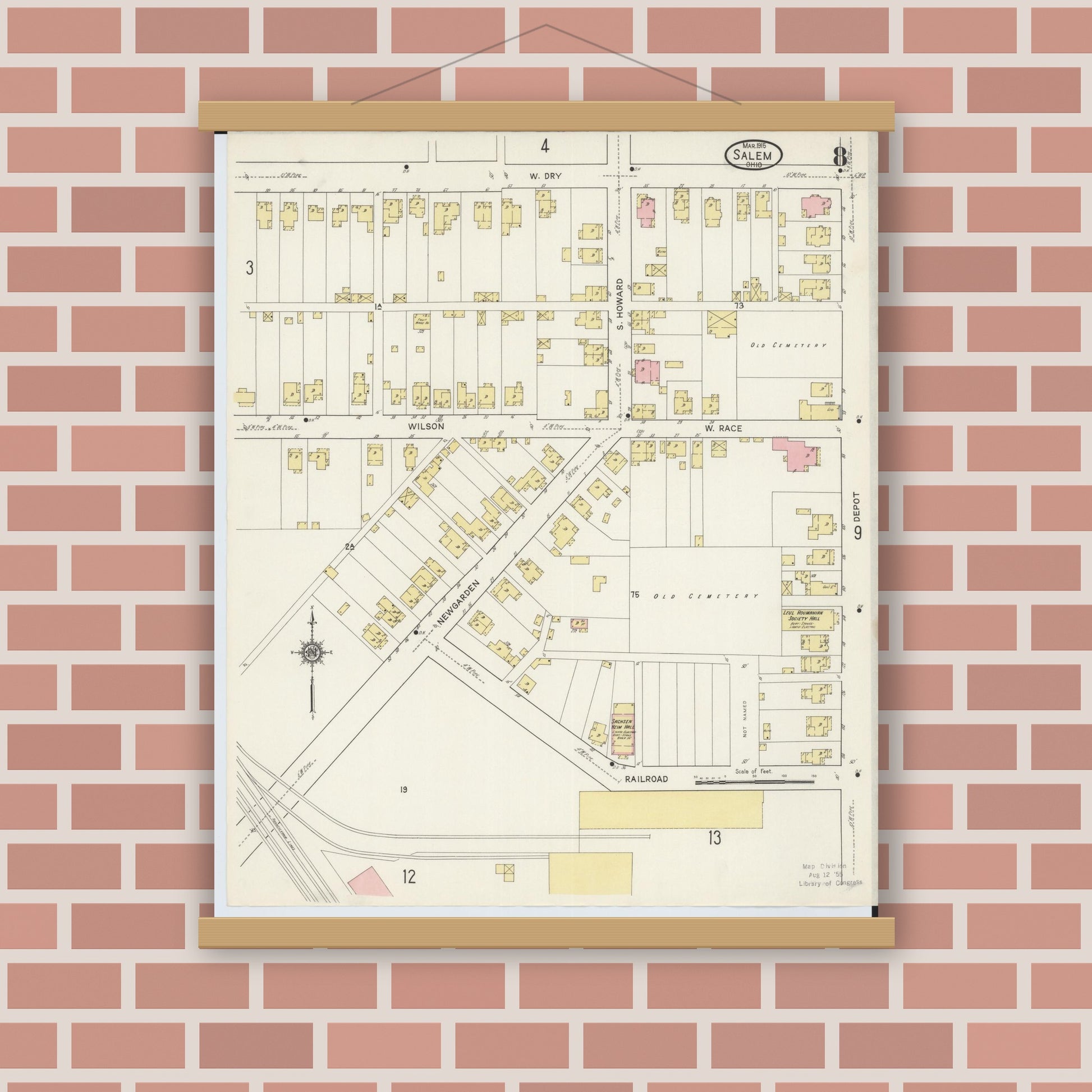 Old map wall art mockup — magnetic wood frame on brick wall — Sanborn Fire Insurance Map from Salem, Columbiana County, Ohio (1915), Sheet #0008