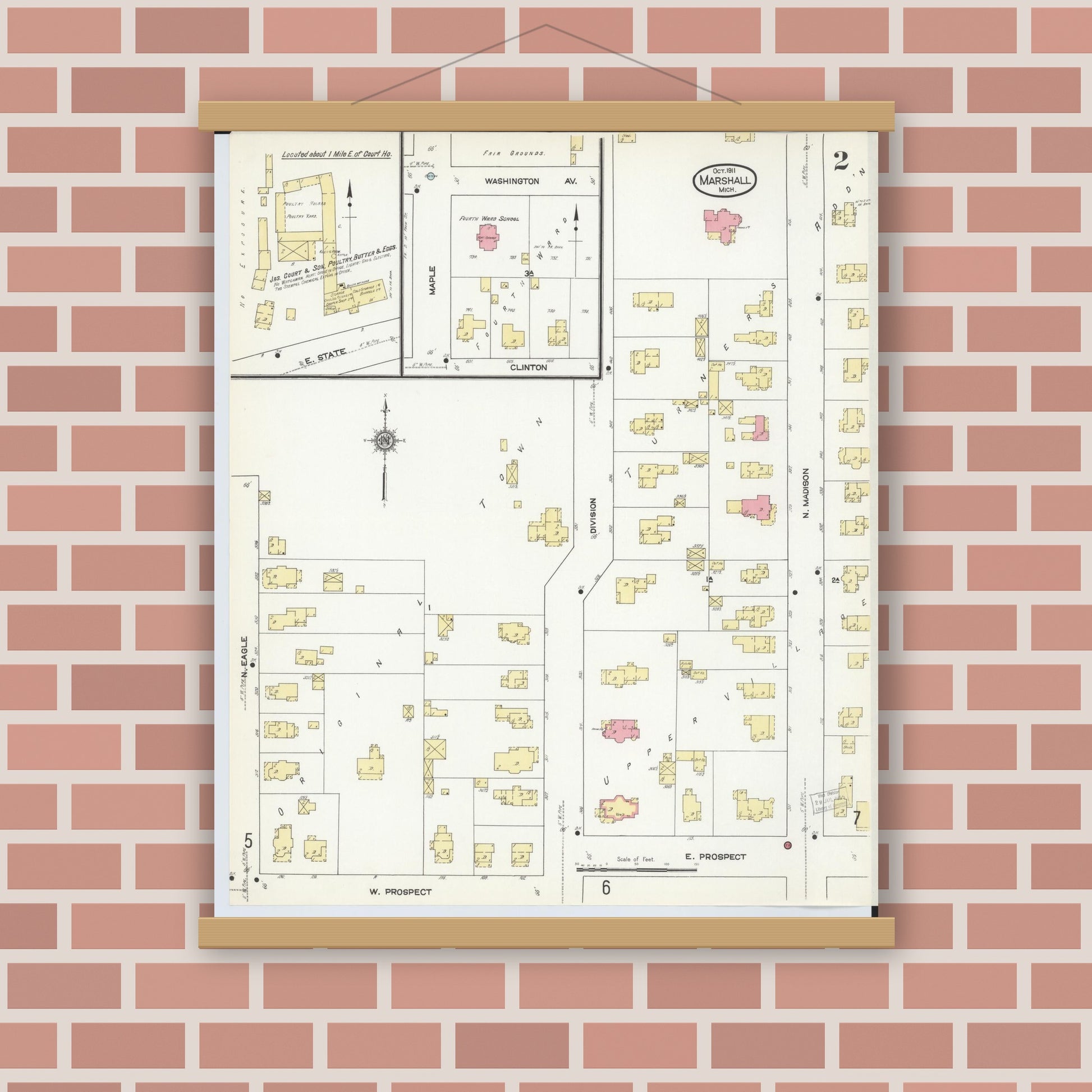 Old map wall art mockup — magnetic wood frame on brick wall — Sanborn Fire Insurance Map from Marshall, Calhoun County, Michigan (1911), Sheet #0002