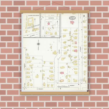 Old map wall art mockup — magnetic wood frame on brick wall — Sanborn Fire Insurance Map from Marshall, Calhoun County, Michigan (1911), Sheet #0002