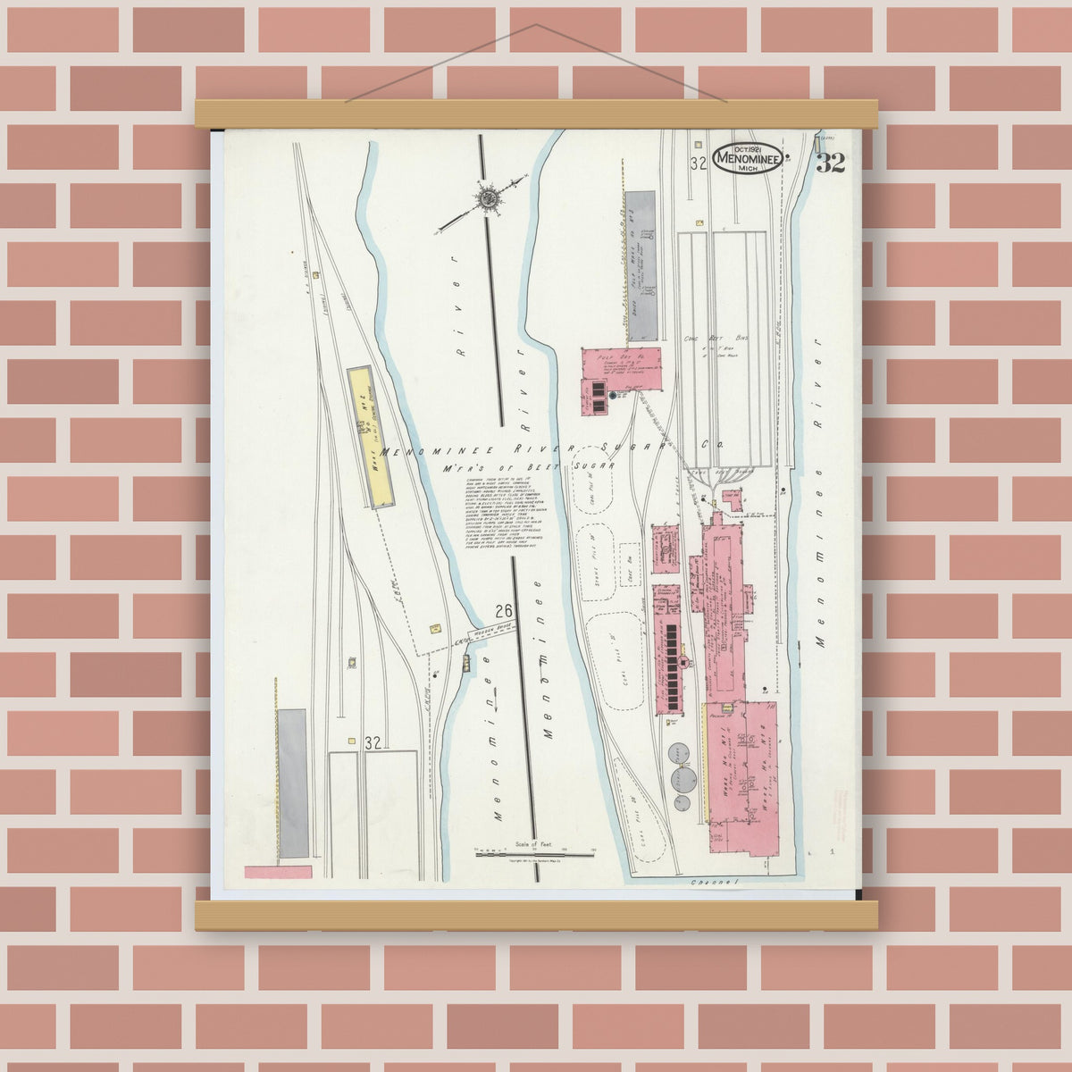 Old map wall art mockup — magnetic wood frame on brick wall — Sanborn Fire Insurance Map from Menominee, Menominee County, Michigan (1921), Sheet #0032