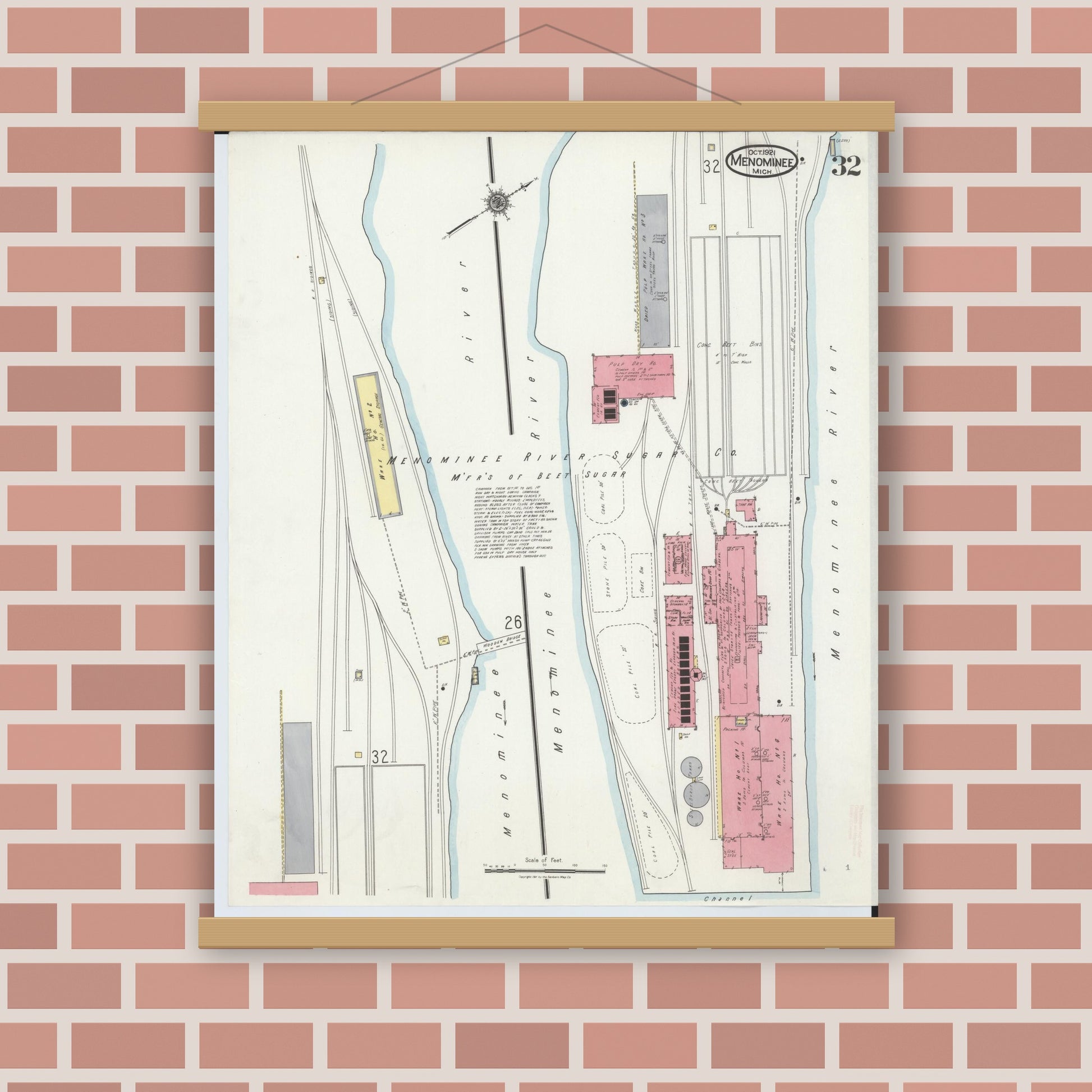 Old map wall art mockup — magnetic wood frame on brick wall — Sanborn Fire Insurance Map from Menominee, Menominee County, Michigan (1921), Sheet #0032