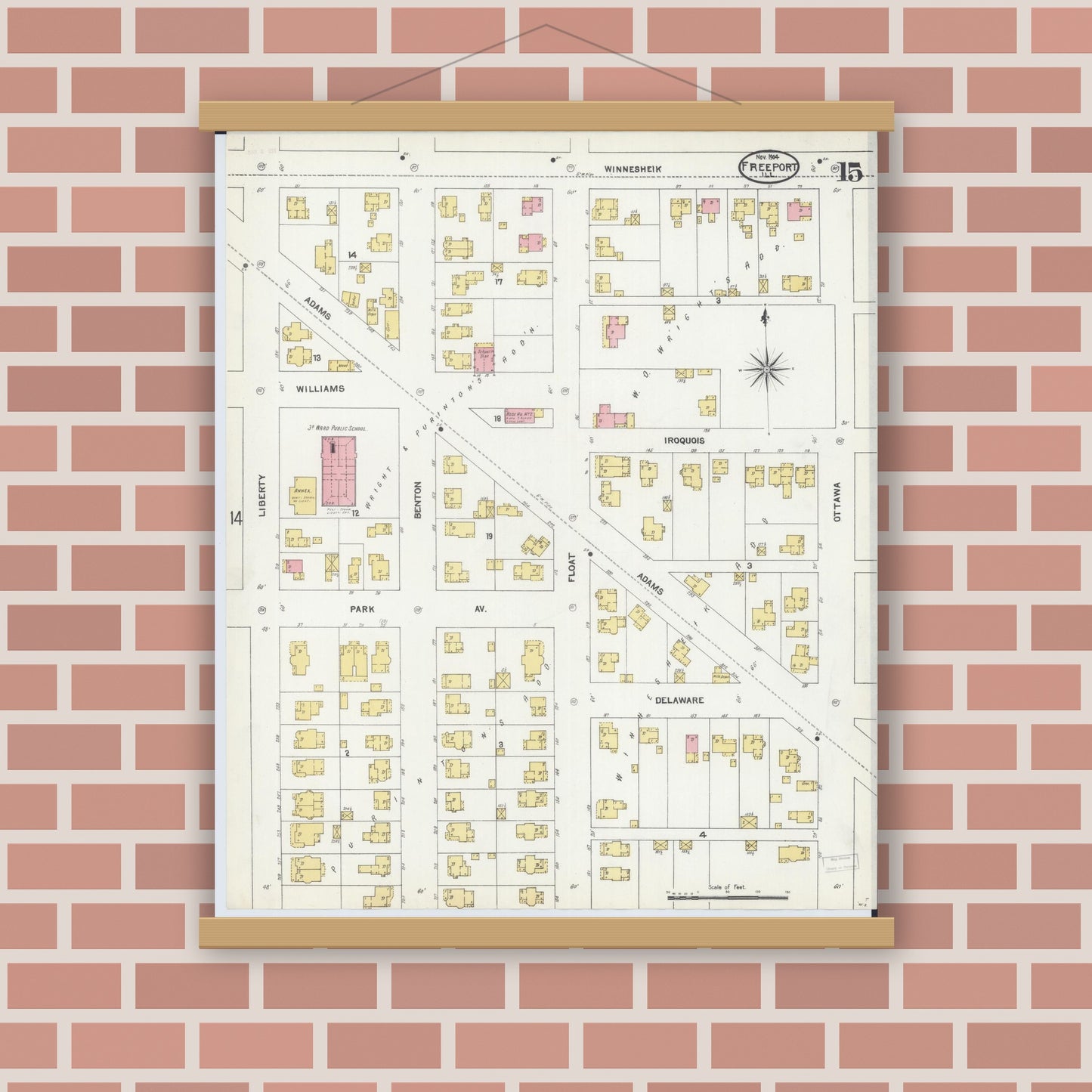 Old map wall art mockup — magnetic wood frame on brick wall — Sanborn Fire Insurance Map from Freeport, Stephenson County, Illinois (1904), Sheet #0015