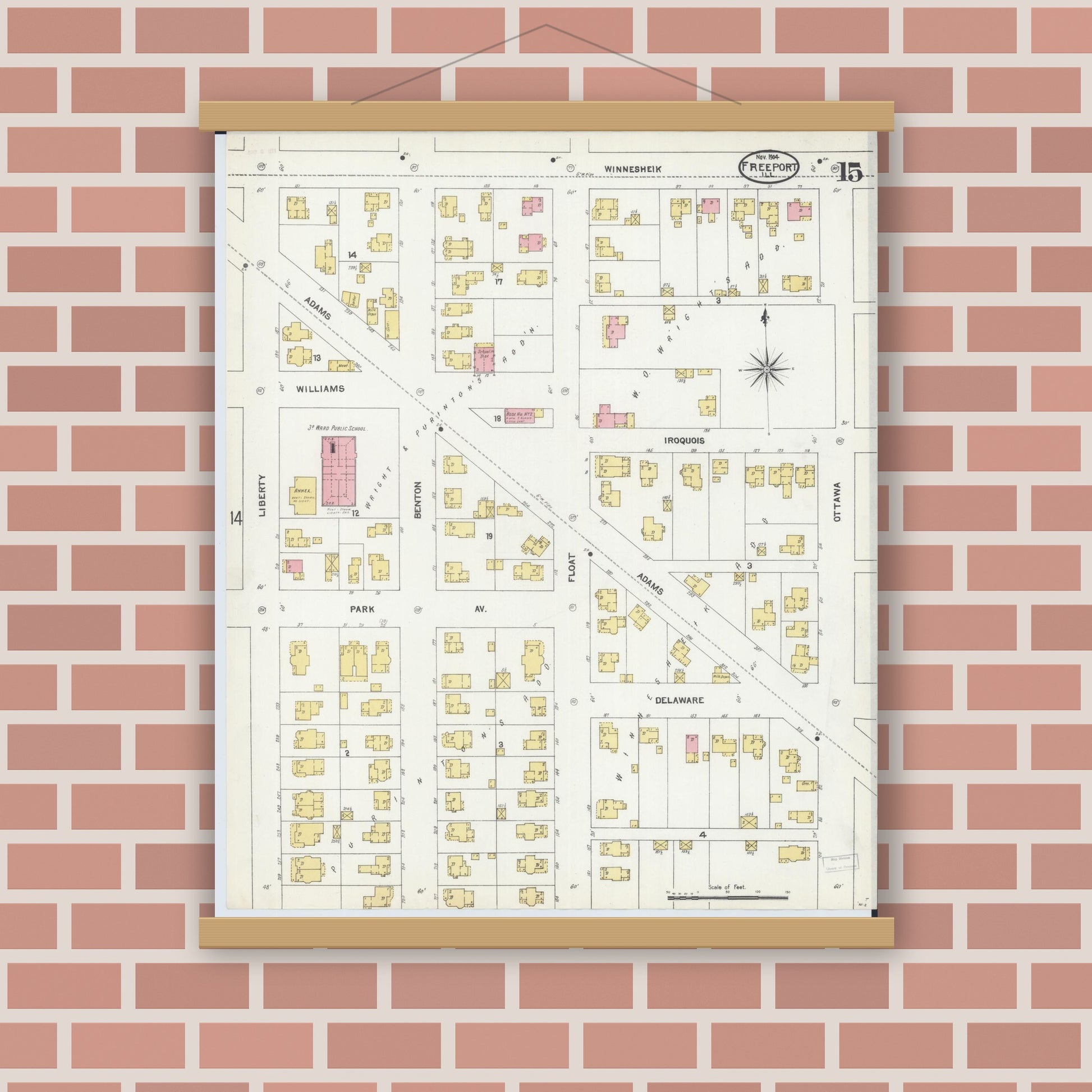 Old map wall art mockup — magnetic wood frame on brick wall — Sanborn Fire Insurance Map from Freeport, Stephenson County, Illinois (1904), Sheet #0015