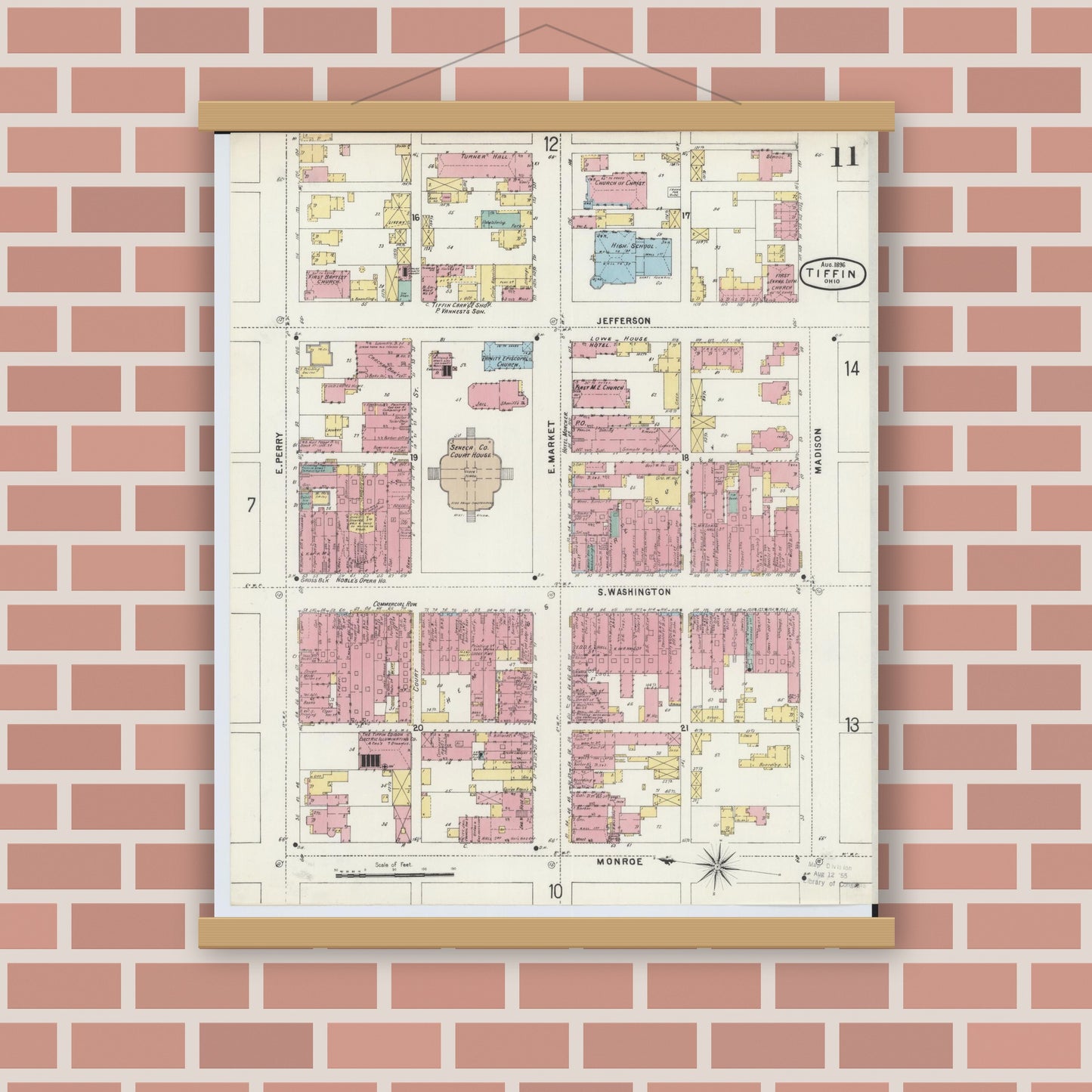 Old map wall art mockup — magnetic wood frame on brick wall — Sanborn Fire Insurance Map from Tiffin, Seneca County, Ohio (1896), Sheet #0011