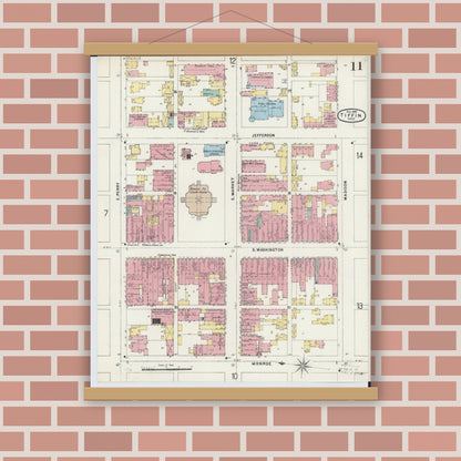 Old map wall art mockup — magnetic wood frame on brick wall — Sanborn Fire Insurance Map from Tiffin, Seneca County, Ohio (1896), Sheet #0011