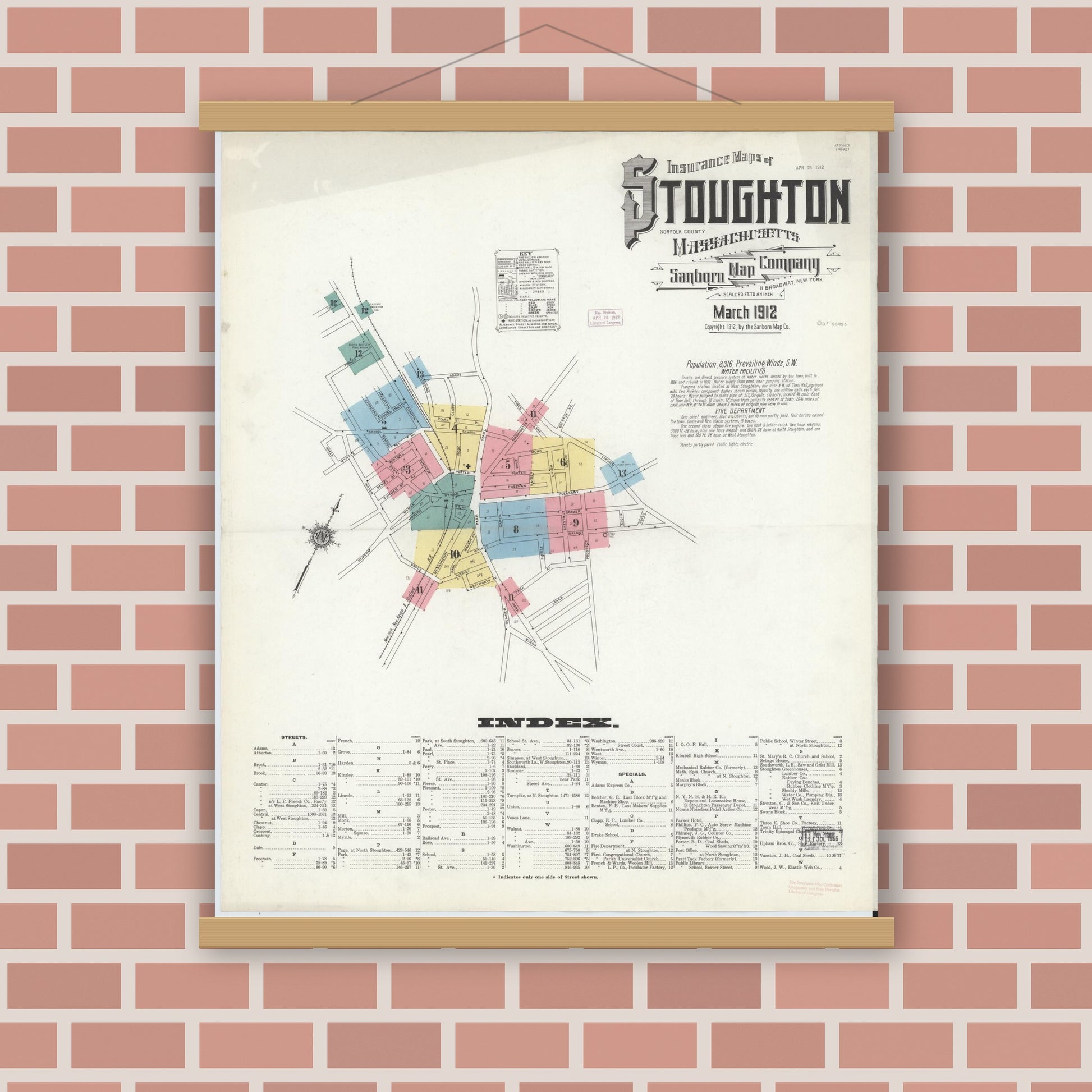 Old map wall art mockup — magnetic wood frame on brick wall — Sanborn Fire Insurance Map from Stoughton, Norfolk County, Massachusetts (1912) - Complete Map Set