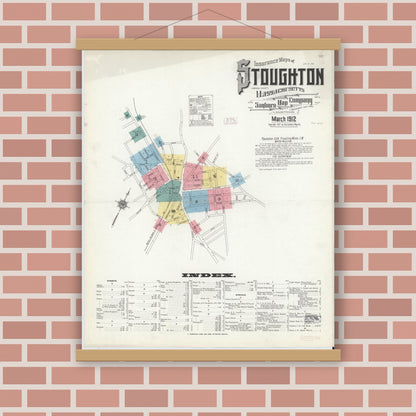 Old map wall art mockup — magnetic wood frame on brick wall — Sanborn Fire Insurance Map from Stoughton, Norfolk County, Massachusetts (1912) - Complete Map Set