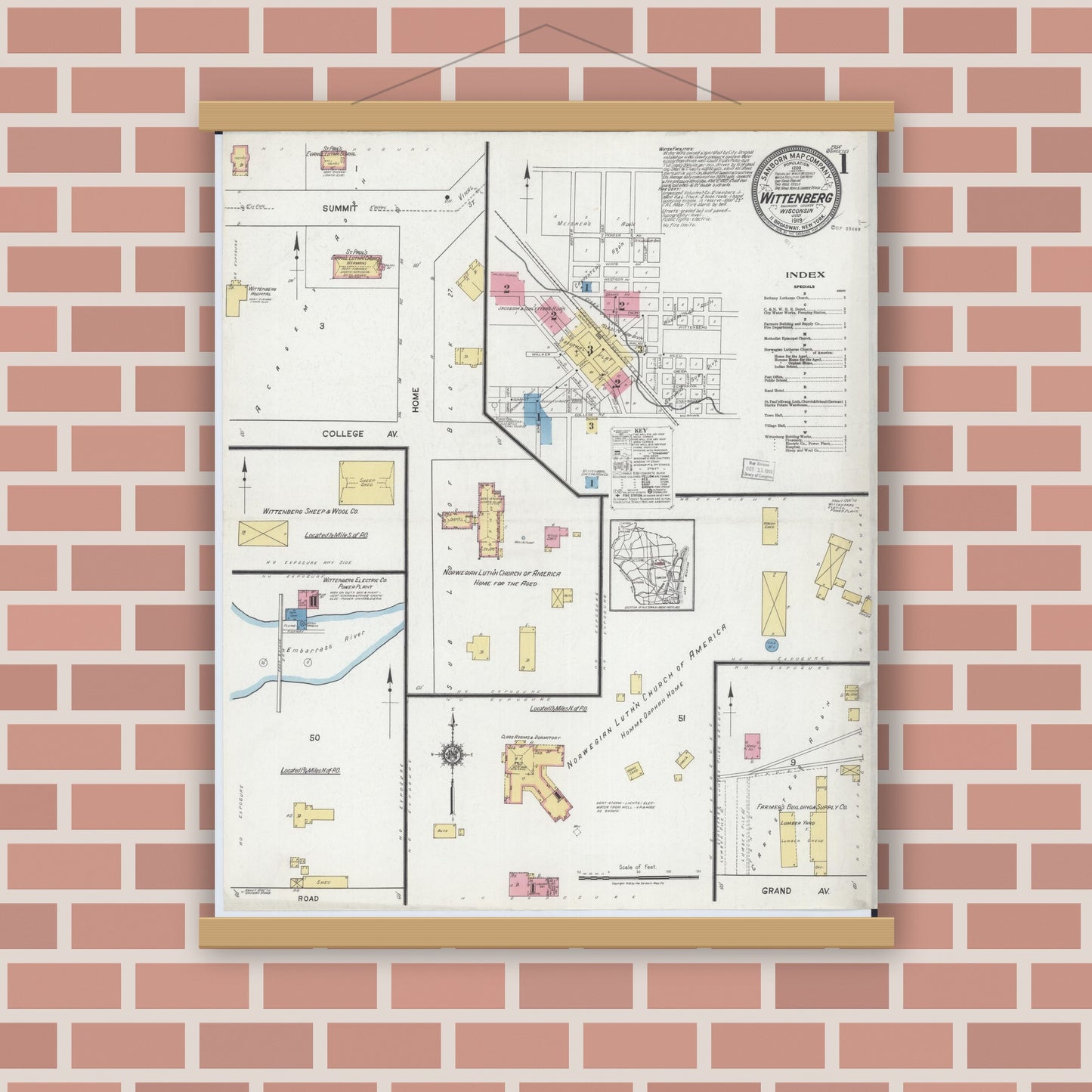 Old map wall art mockup — magnetic wood frame on brick wall — Sanborn Fire Insurance Map from Wittenberg, Shawano County, Wisconsin (1919), Sheet #0001