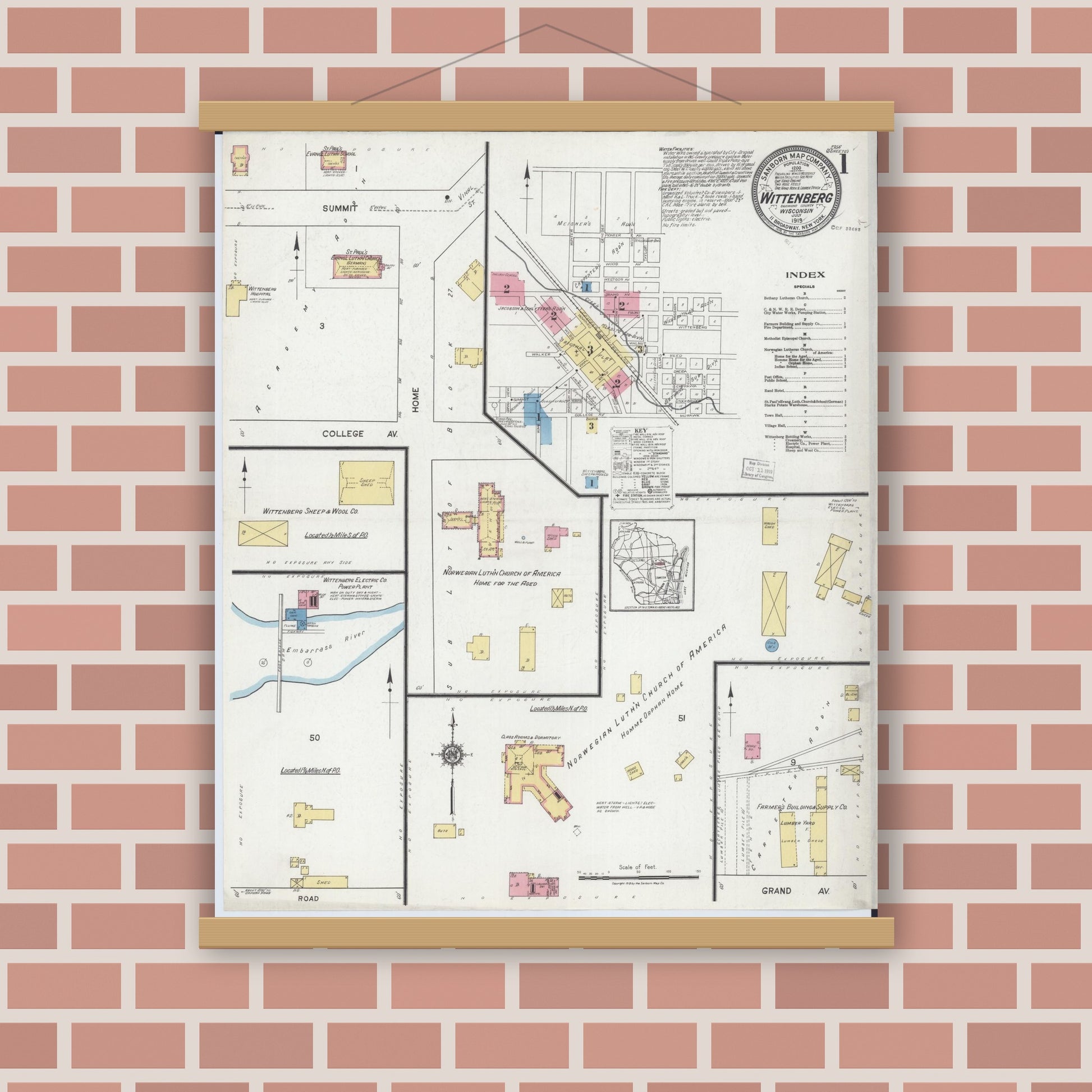 Old map wall art mockup — magnetic wood frame on brick wall — Sanborn Fire Insurance Map from Wittenberg, Shawano County, Wisconsin (1919), Sheet #0001