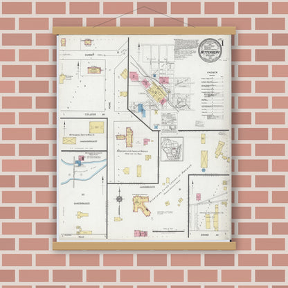 Old map wall art mockup — magnetic wood frame on brick wall — Sanborn Fire Insurance Map from Wittenberg, Shawano County, Wisconsin (1919), Sheet #0001