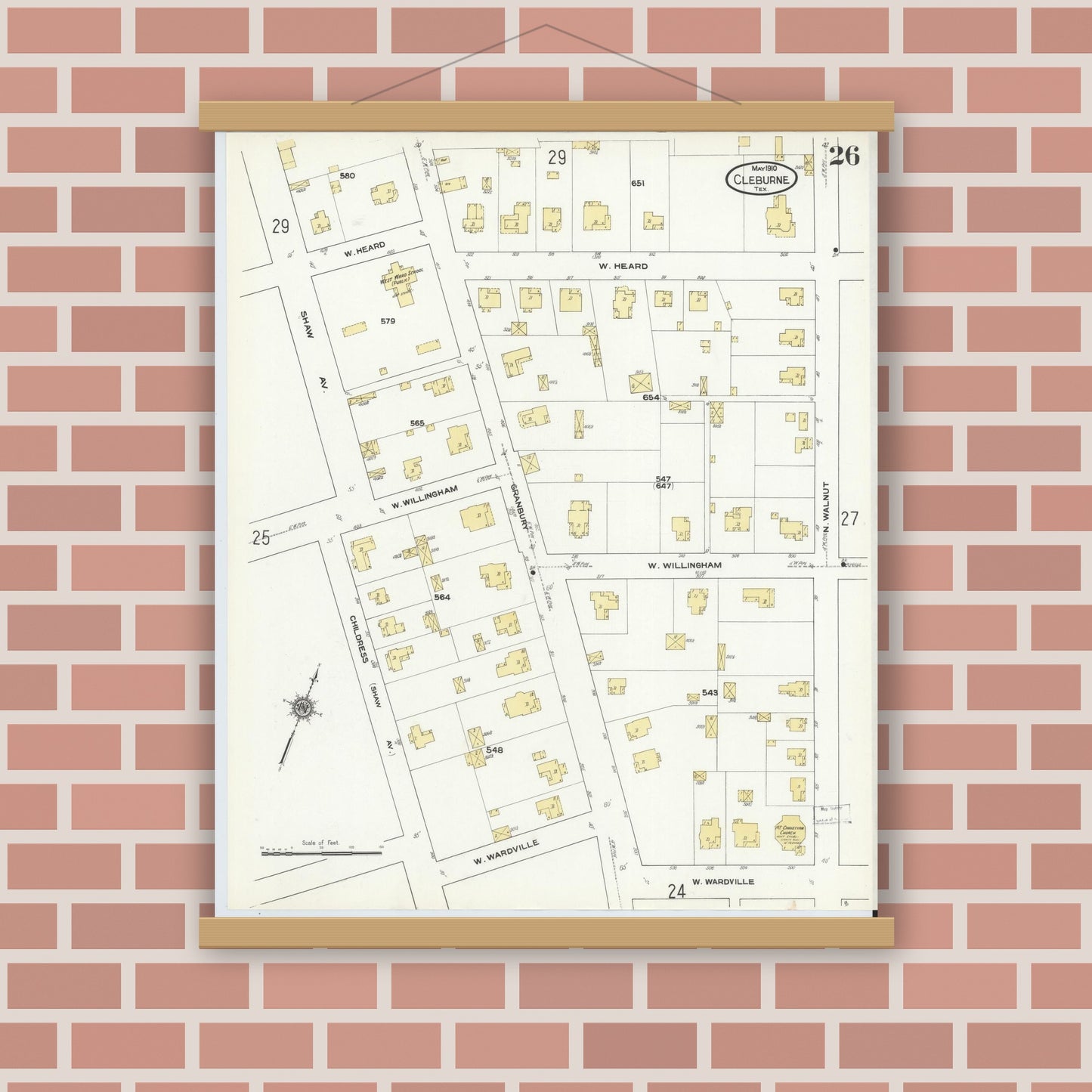 Old map wall art mockup — magnetic wood frame on brick wall — Sanborn Fire Insurance Map from Cleburne, Johnson County, Texas (1910), Sheet #0026