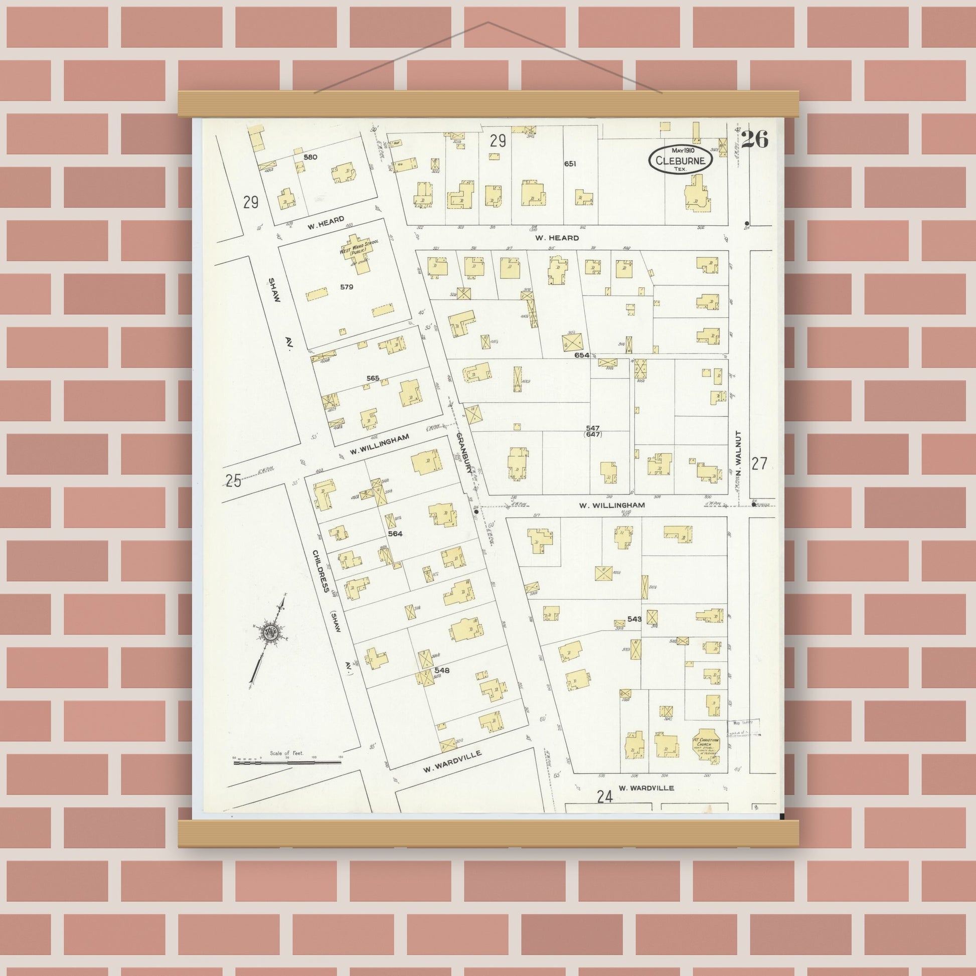 Old map wall art mockup — magnetic wood frame on brick wall — Sanborn Fire Insurance Map from Cleburne, Johnson County, Texas (1910), Sheet #0026