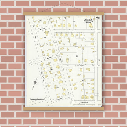 Old map wall art mockup — magnetic wood frame on brick wall — Sanborn Fire Insurance Map from Cleburne, Johnson County, Texas (1910), Sheet #0026
