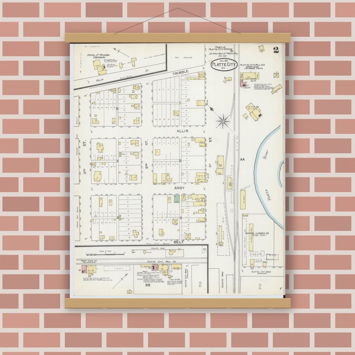 Old map wall art mockup — magnetic wood frame on brick wall — Sanborn Fire Insurance Map from Platte City, Platte County, Missouri (1892), Sheet #0002