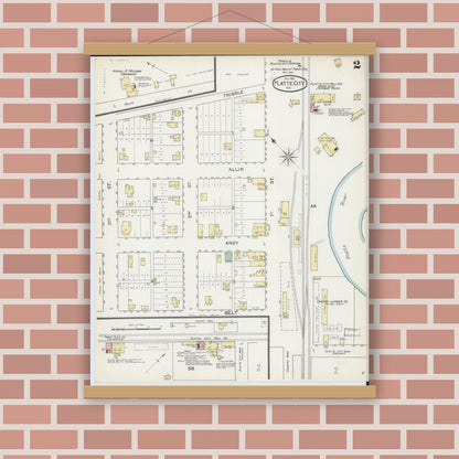 Old map wall art mockup — magnetic wood frame on brick wall — Sanborn Fire Insurance Map from Platte City, Platte County, Missouri (1892), Sheet #0002