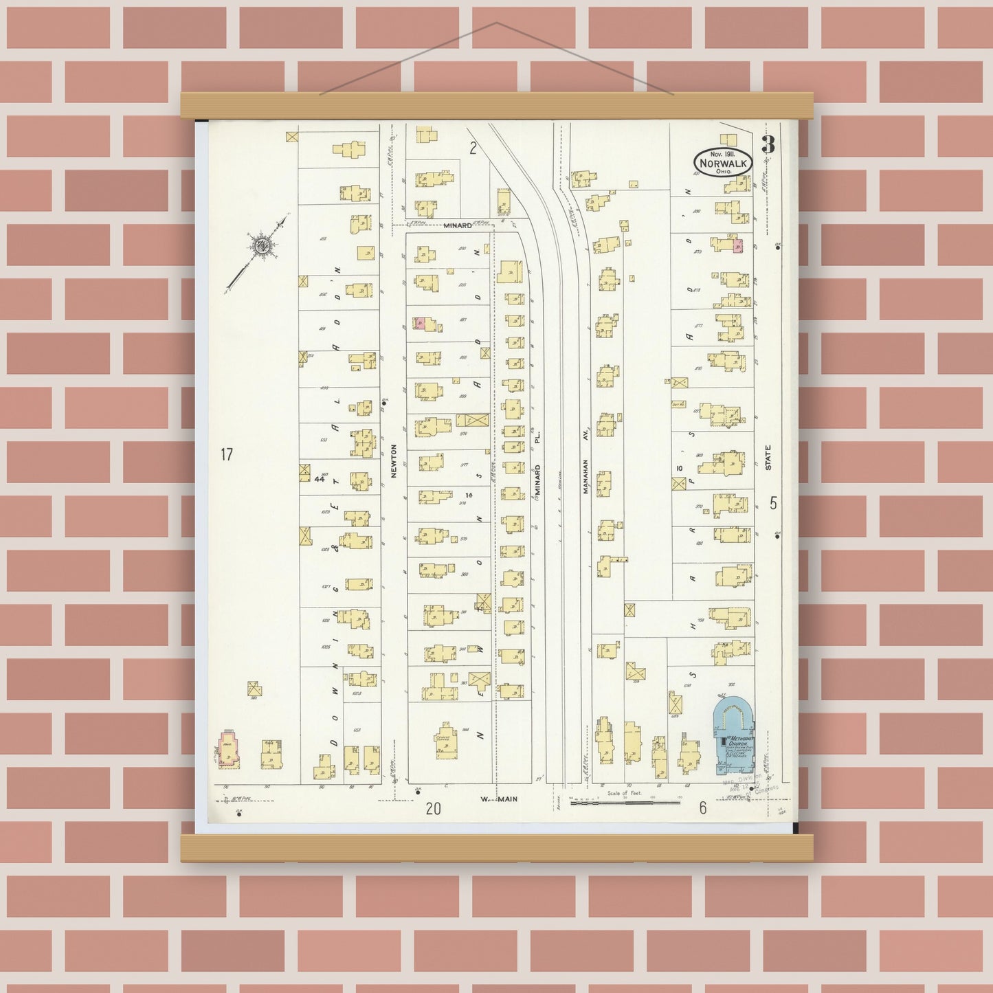 Old map wall art mockup — magnetic wood frame on brick wall — Sanborn Fire Insurance Map from Norwalk, Huron County, Ohio (1911), Sheet #0003