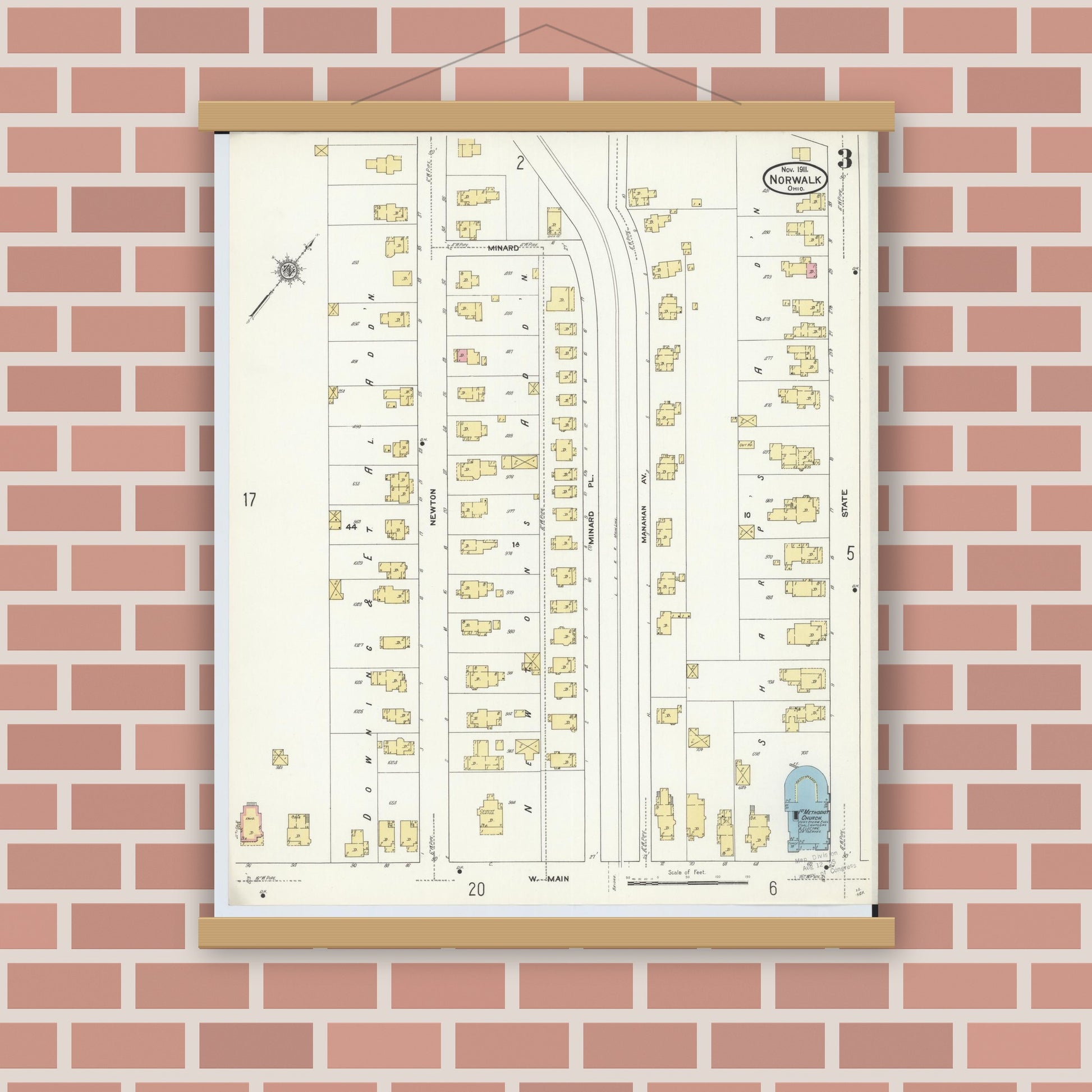Old map wall art mockup — magnetic wood frame on brick wall — Sanborn Fire Insurance Map from Norwalk, Huron County, Ohio (1911), Sheet #0003