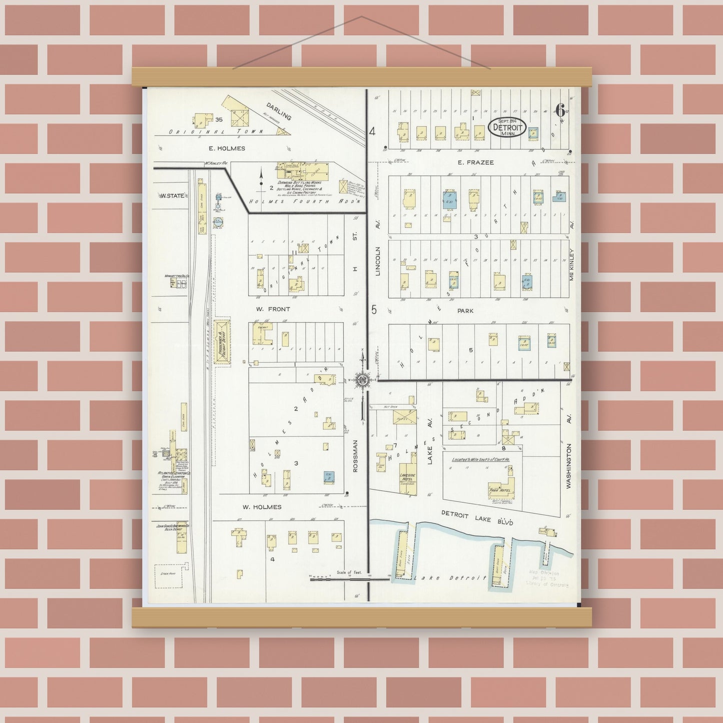 Old map wall art mockup — magnetic wood frame on brick wall — Sanborn Fire Insurance Map from Detroit Lakes, Becker County, Minnesota (1914), Sheet #0006