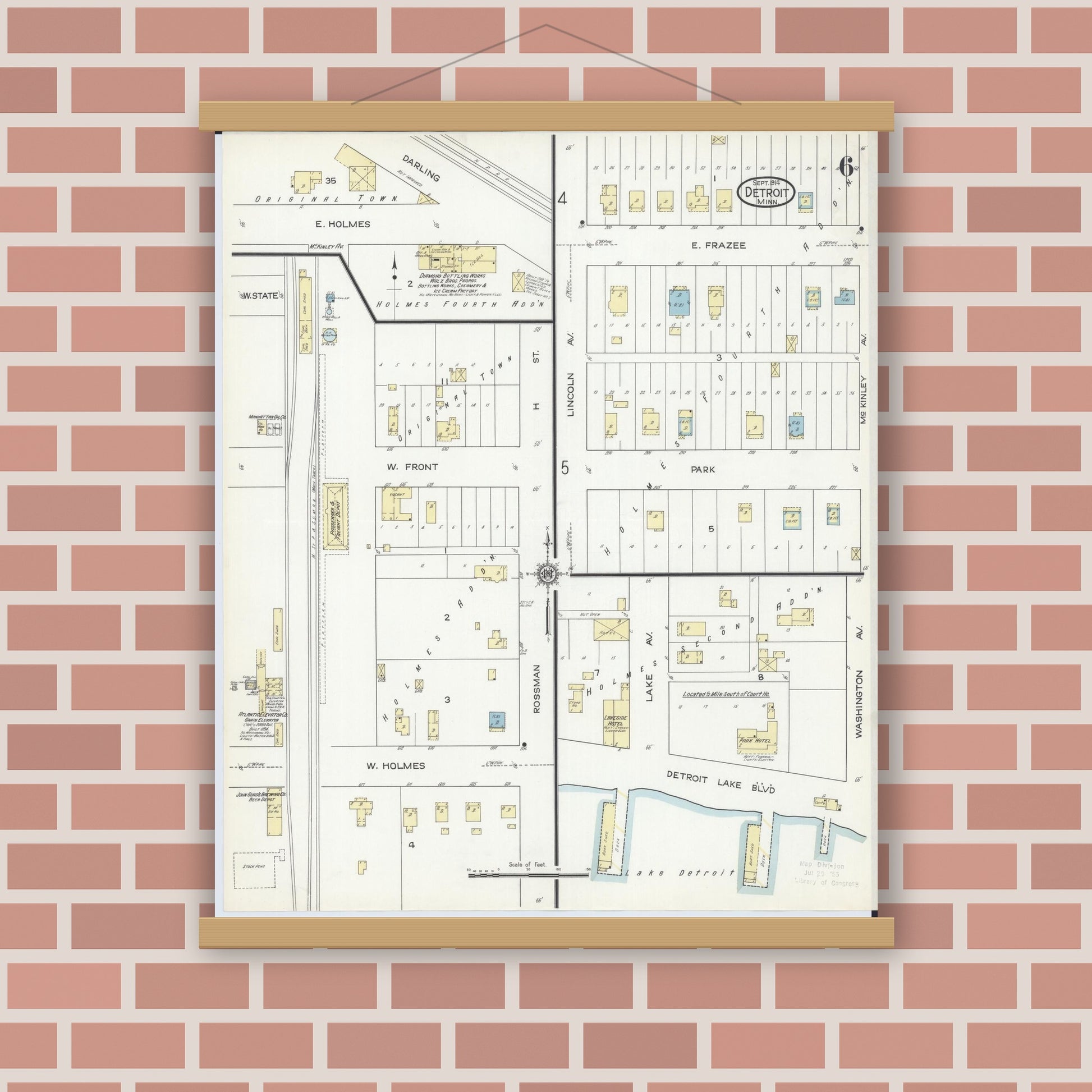 Old map wall art mockup — magnetic wood frame on brick wall — Sanborn Fire Insurance Map from Detroit Lakes, Becker County, Minnesota (1914), Sheet #0006