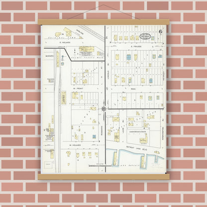 Old map wall art mockup — magnetic wood frame on brick wall — Sanborn Fire Insurance Map from Detroit Lakes, Becker County, Minnesota (1914), Sheet #0006