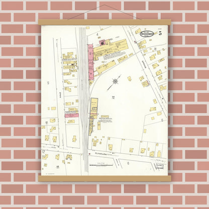Old map wall art mockup — magnetic wood frame on brick wall — Sanborn Fire Insurance Map from Bridgewater, Plymouth County, Massachusetts (1921), Sheet #0005