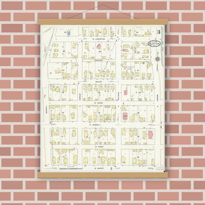 Old map wall art mockup — magnetic wood frame on brick wall — Sanborn Fire Insurance Map from Bluffton, Wells County, Indiana (1912), Sheet #0003