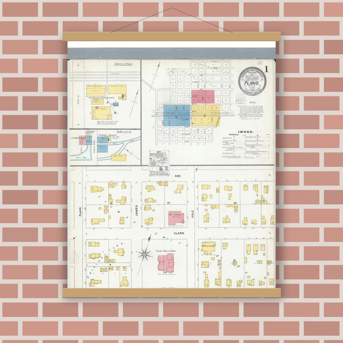 Old map wall art mockup — magnetic wood frame on brick wall — Sanborn Fire Insurance Map from Plano, Kendall County, Illinois (1905), Sheet #0001