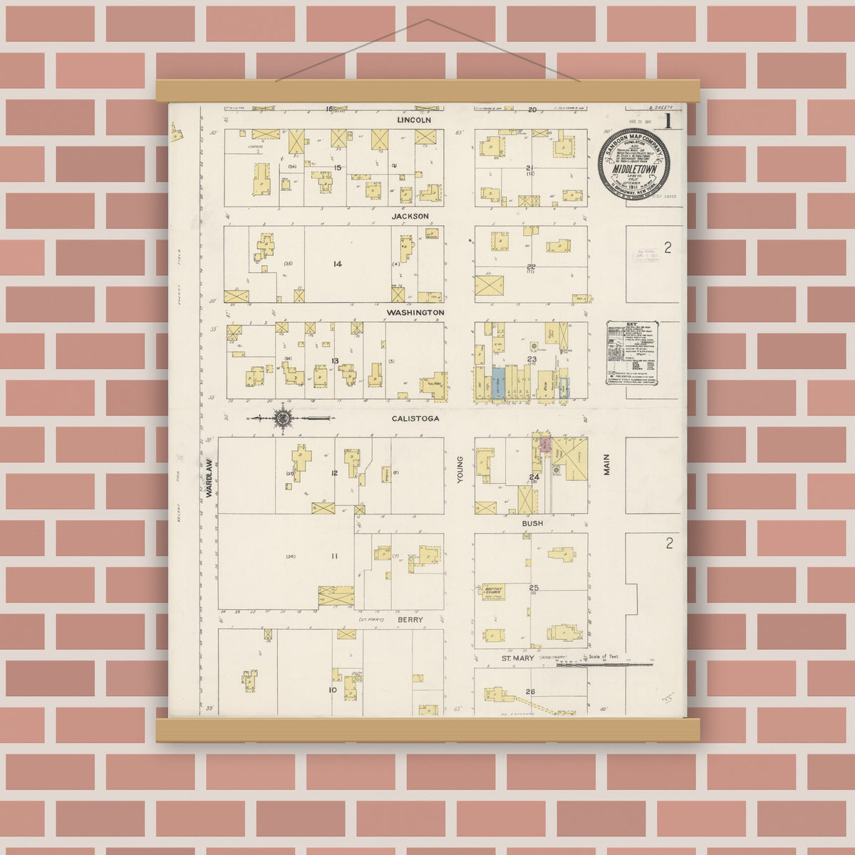 Old map wall art mockup — magnetic wood frame on brick wall — Sanborn Fire Insurance Map from Middletown, Lake County, California (1911) - Complete Map Set