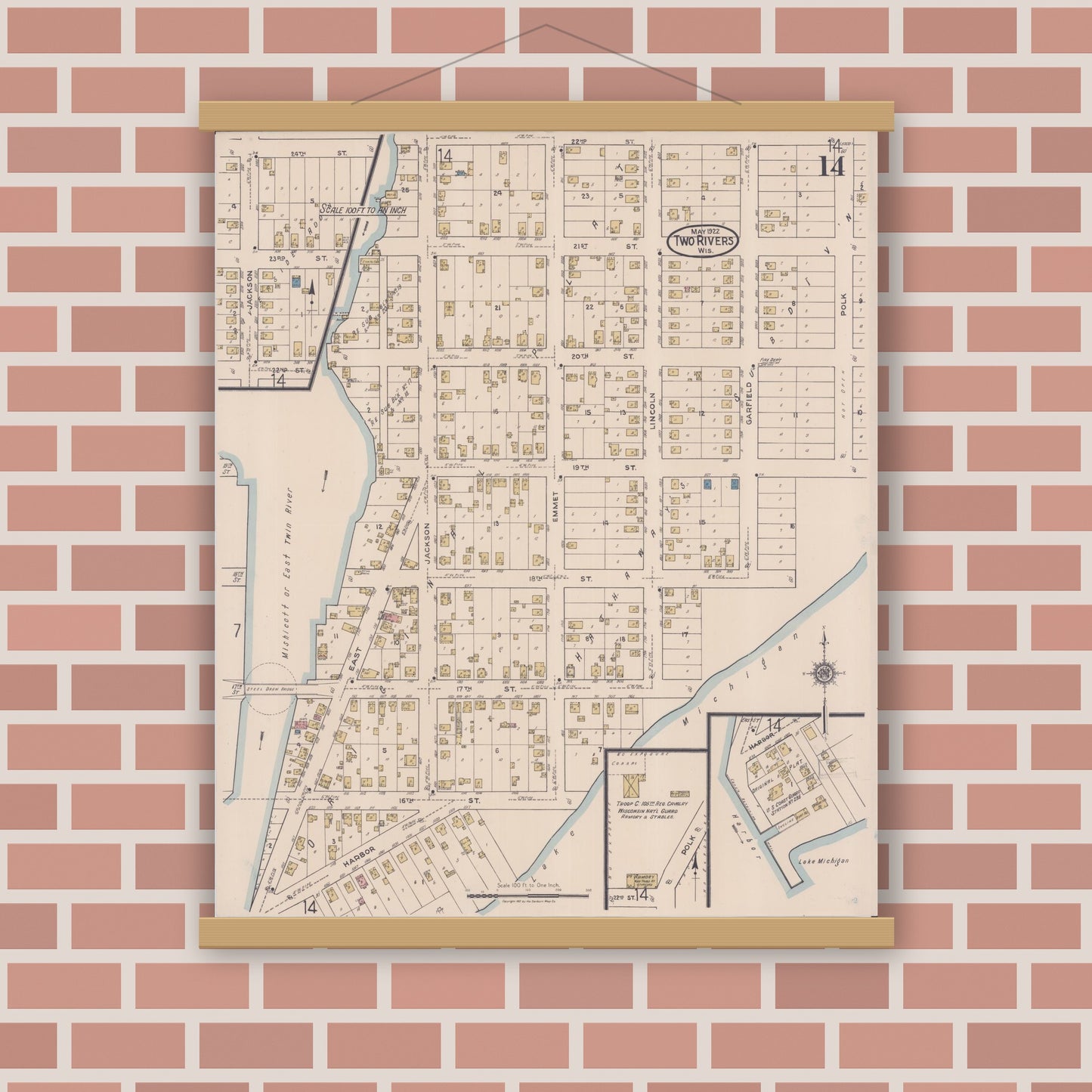 Old map wall art mockup — magnetic wood frame on brick wall — Sanborn Fire Insurance Map from Two Rivers, Manitowoc County, Wisconsin (1922), Sheet #0014
