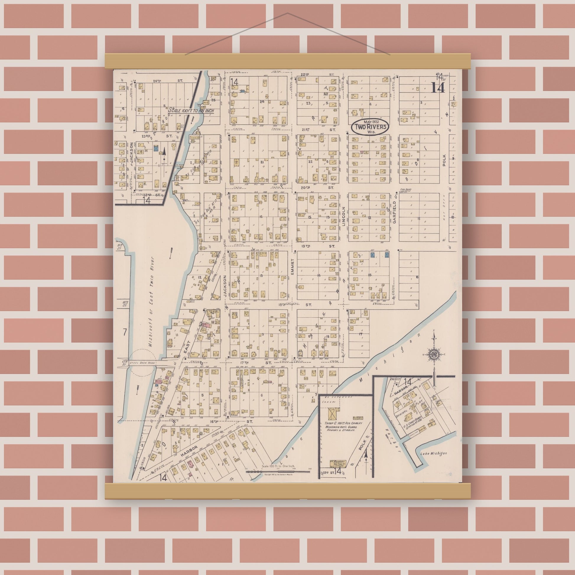 Old map wall art mockup — magnetic wood frame on brick wall — Sanborn Fire Insurance Map from Two Rivers, Manitowoc County, Wisconsin (1922), Sheet #0014