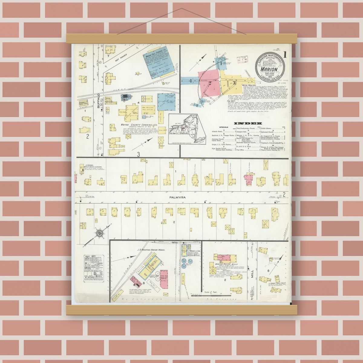 Old map wall art mockup — magnetic wood frame on brick wall — Sanborn Fire Insurance Map from Marion, Wayne County, New York (1915), Sheet #0001