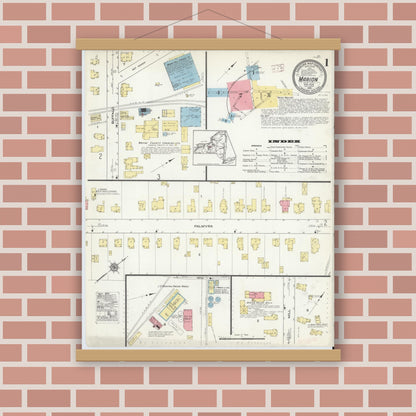 Old map wall art mockup — magnetic wood frame on brick wall — Sanborn Fire Insurance Map from Marion, Wayne County, New York (1915), Sheet #0001