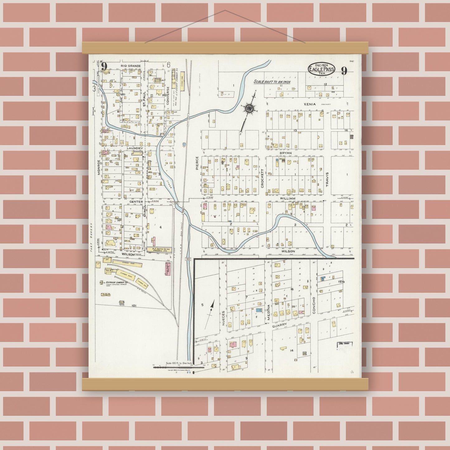 Old map wall art mockup — magnetic wood frame on brick wall — Sanborn Fire Insurance Map from Eagle Pass, Maverick County, Texas (1924), Sheet #0009