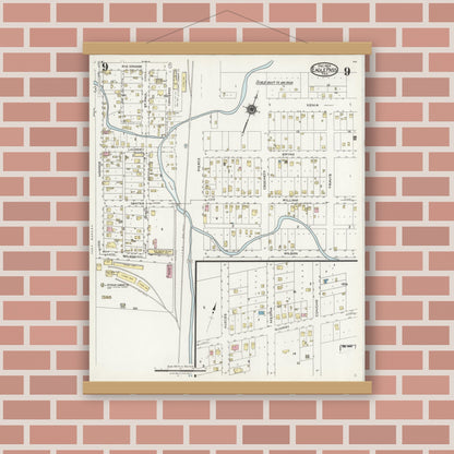 Old map wall art mockup — magnetic wood frame on brick wall — Sanborn Fire Insurance Map from Eagle Pass, Maverick County, Texas (1924), Sheet #0009