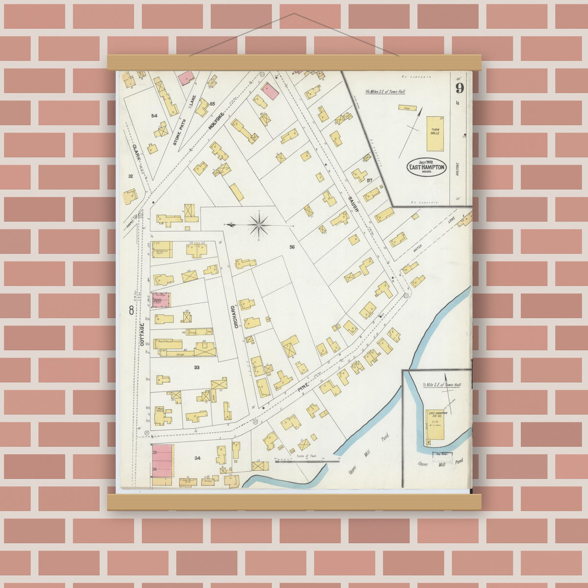 Old map wall art mockup — magnetic wood frame on brick wall — Sanborn Fire Insurance Map from East Hampton, Hampshire County, Massachusetts (1902), Sheet #0009