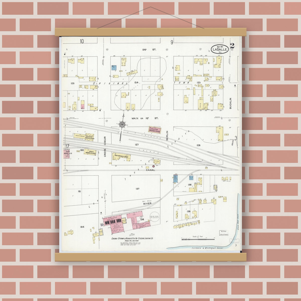 Old map wall art mockup — magnetic wood frame on brick wall — Sanborn Fire Insurance Map from La Salle, La Salle County, Illinois (1911), Sheet #0002