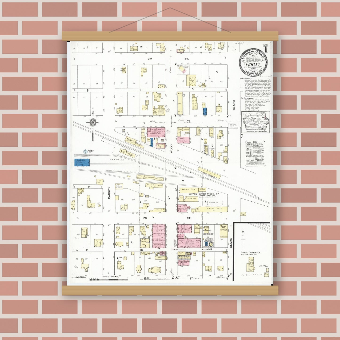 Old map wall art mockup — magnetic wood frame on brick wall — Sanborn Fire Insurance Map from Farley, Dubuque County, Iowa (1921) â€” Complete Set