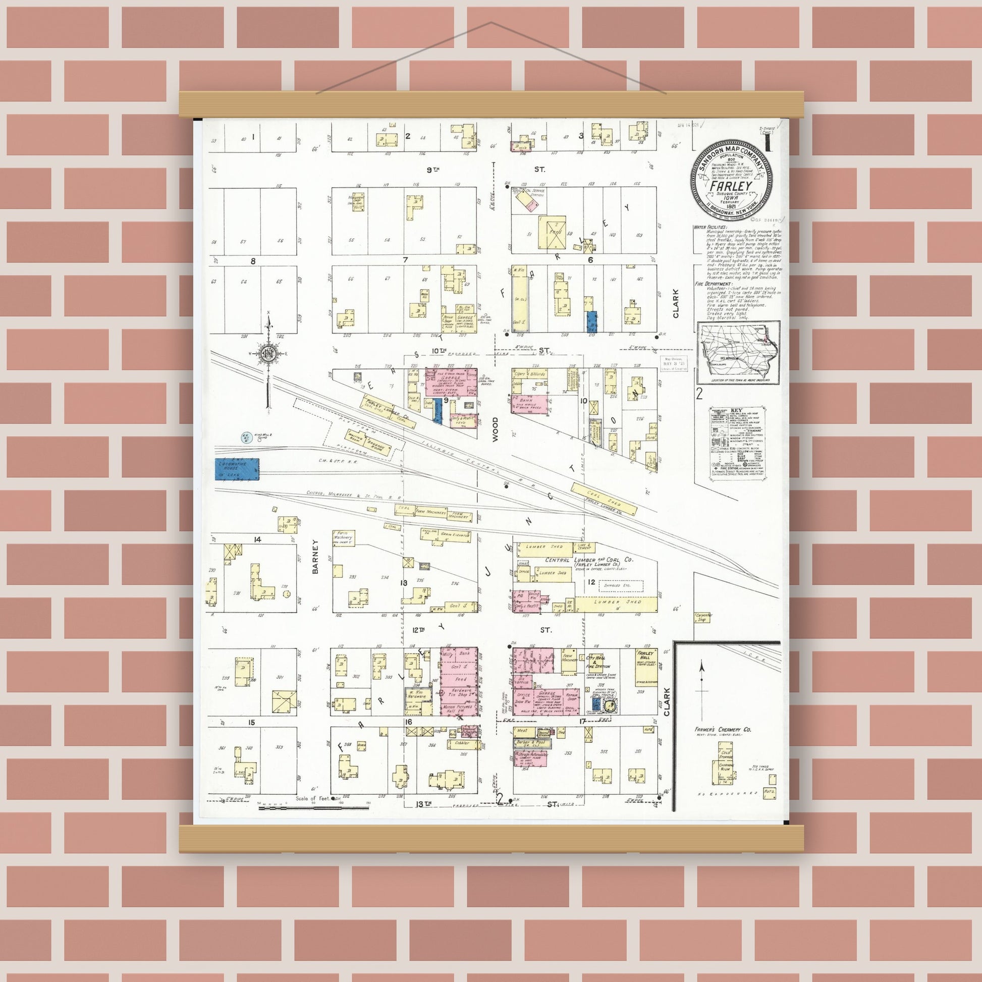 Old map wall art mockup — magnetic wood frame on brick wall — Sanborn Fire Insurance Map from Farley, Dubuque County, Iowa (1921) â€” Complete Set
