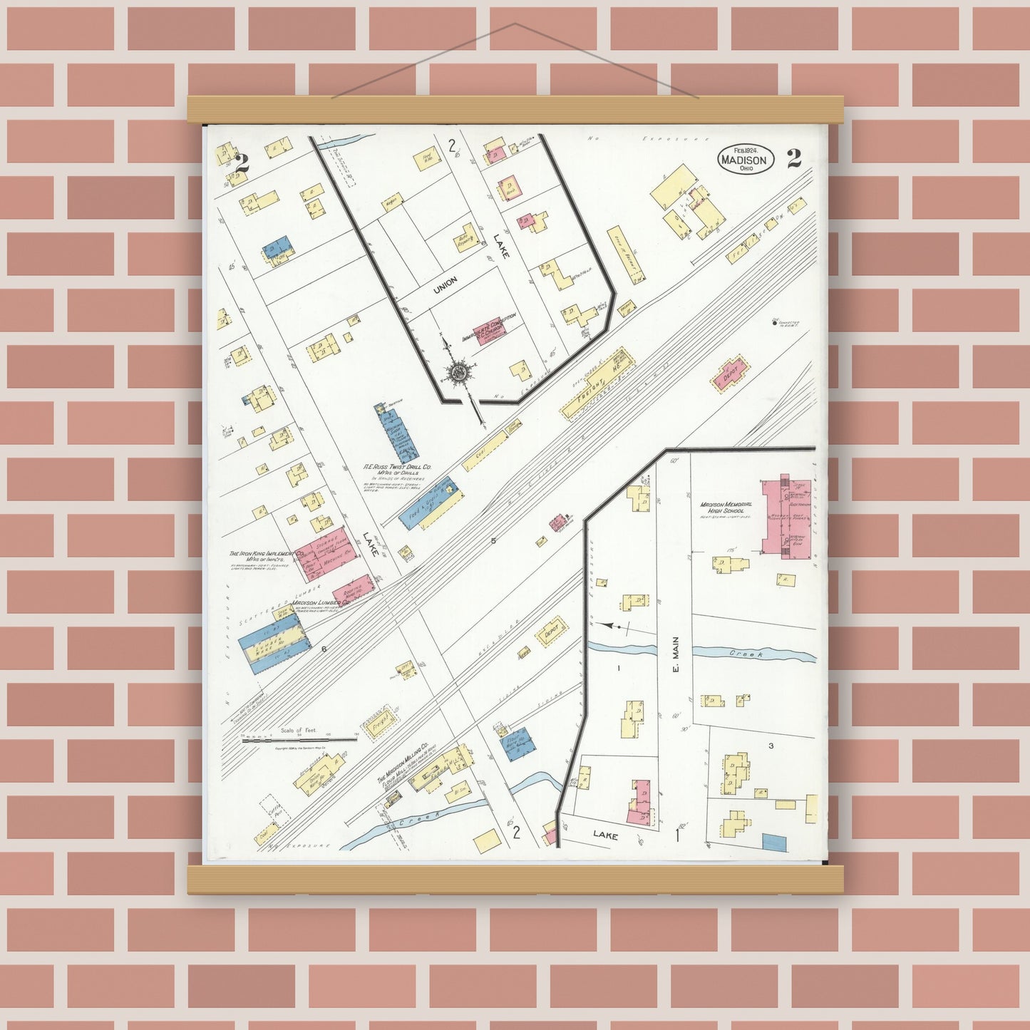 Old map wall art mockup — magnetic wood frame on brick wall — Sanborn Fire Insurance Map from Madison, Lake County, Ohio (1924), Sheet #0002