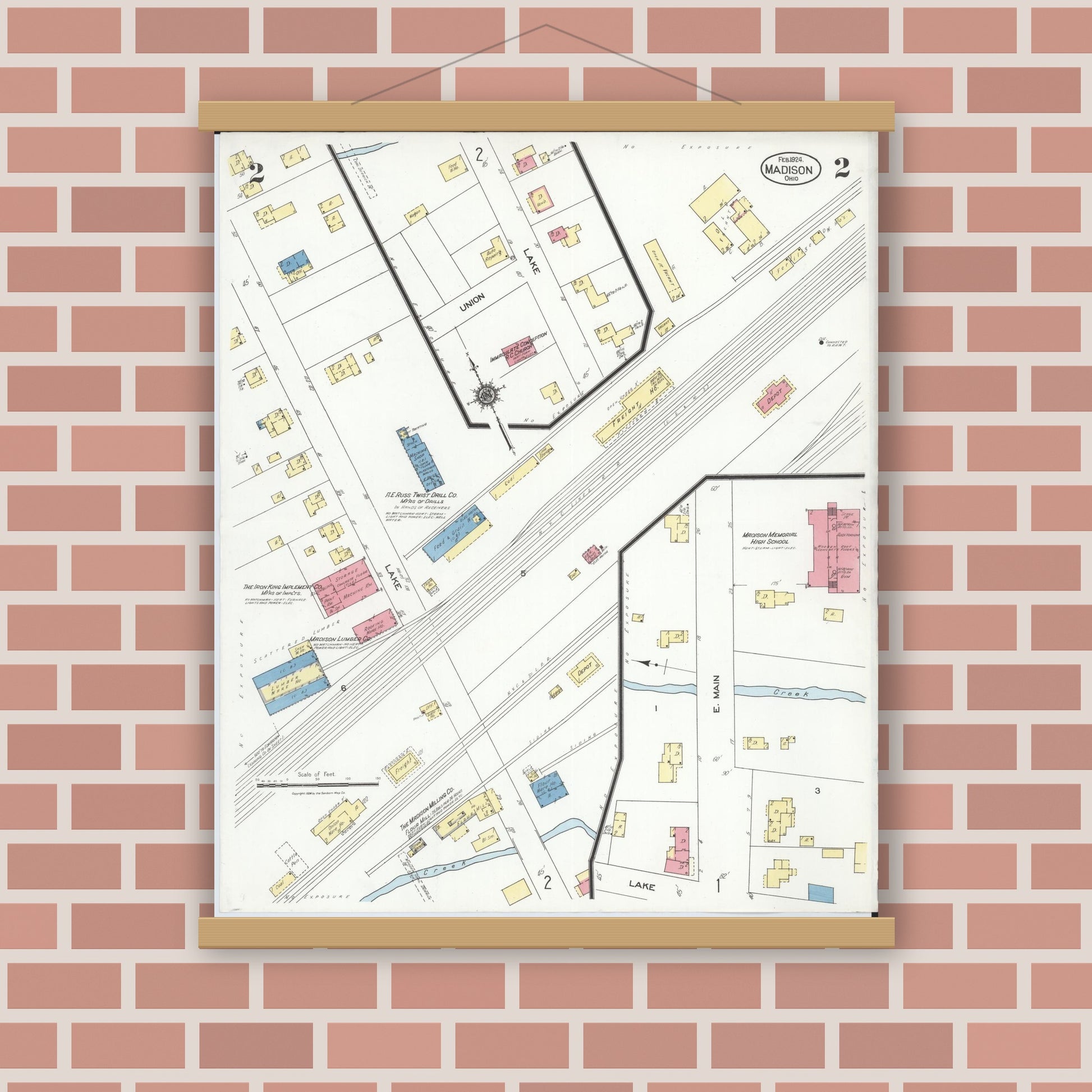 Old map wall art mockup — magnetic wood frame on brick wall — Sanborn Fire Insurance Map from Madison, Lake County, Ohio (1924), Sheet #0002