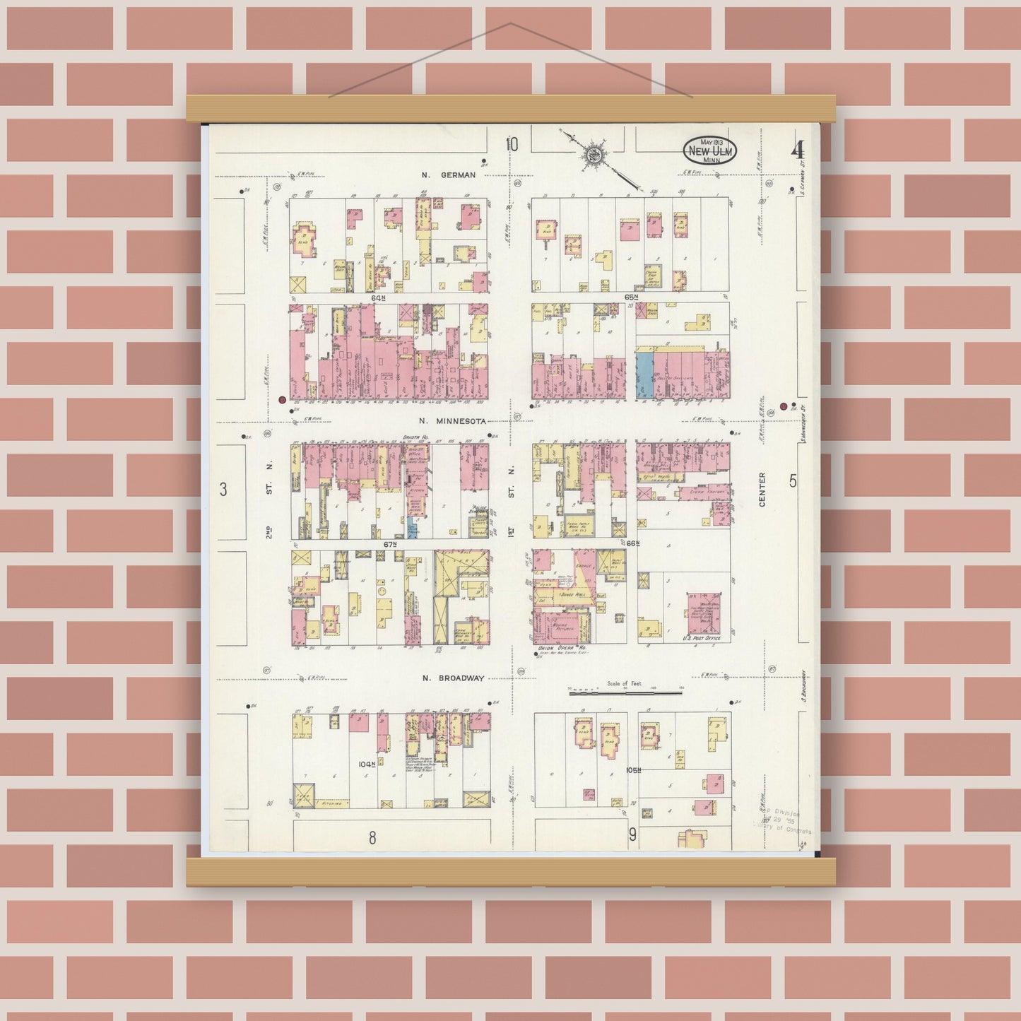 Old map wall art mockup — magnetic wood frame on brick wall — Sanborn Fire Insurance Map from New Ulm, Brown County, Minnesota (1913), Sheet #0004