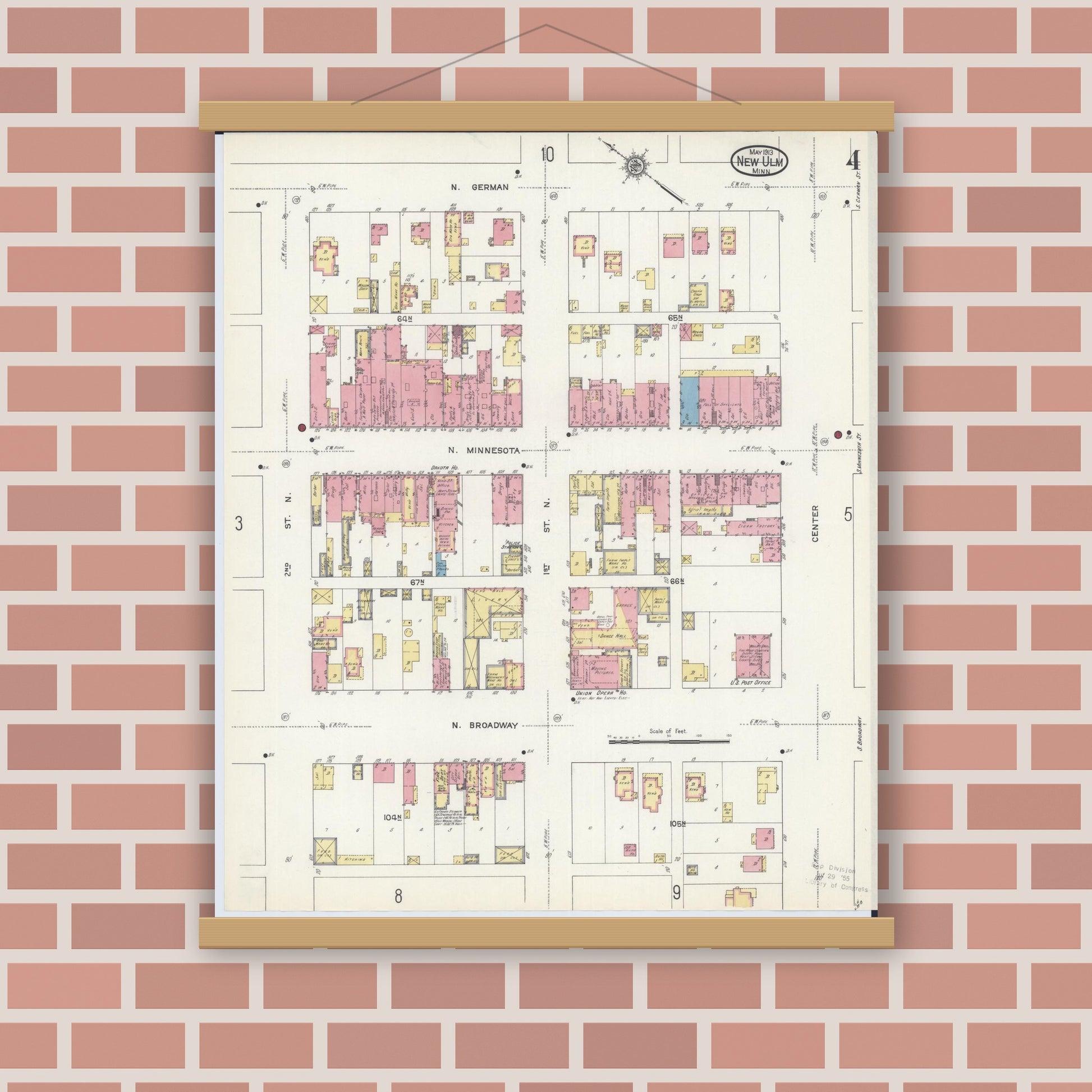 Old map wall art mockup — magnetic wood frame on brick wall — Sanborn Fire Insurance Map from New Ulm, Brown County, Minnesota (1913), Sheet #0004