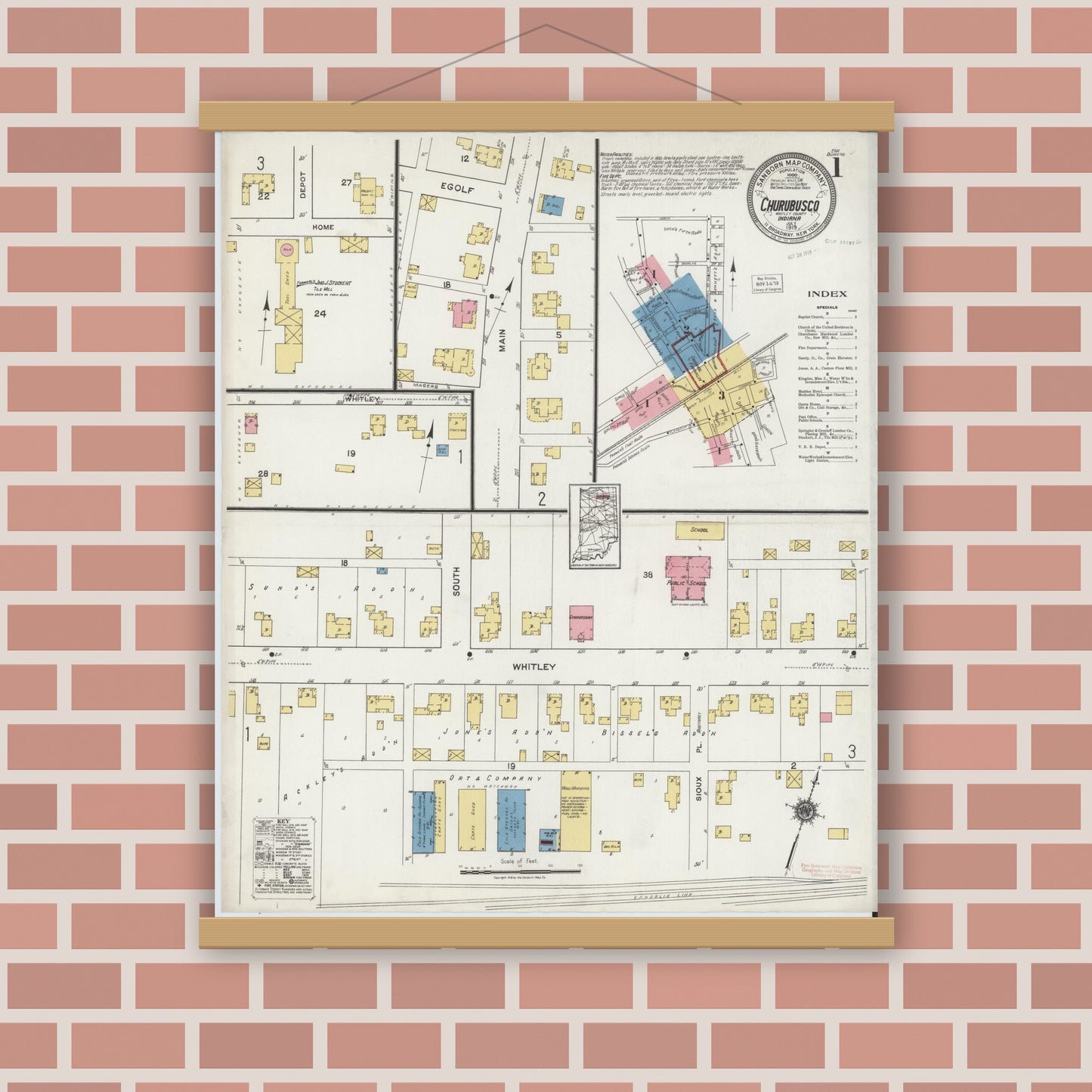 Old map wall art mockup — magnetic wood frame on brick wall — Sanborn Fire Insurance Map from Churubusco, Whitley County, Indiana (1919) - Complete Map Set