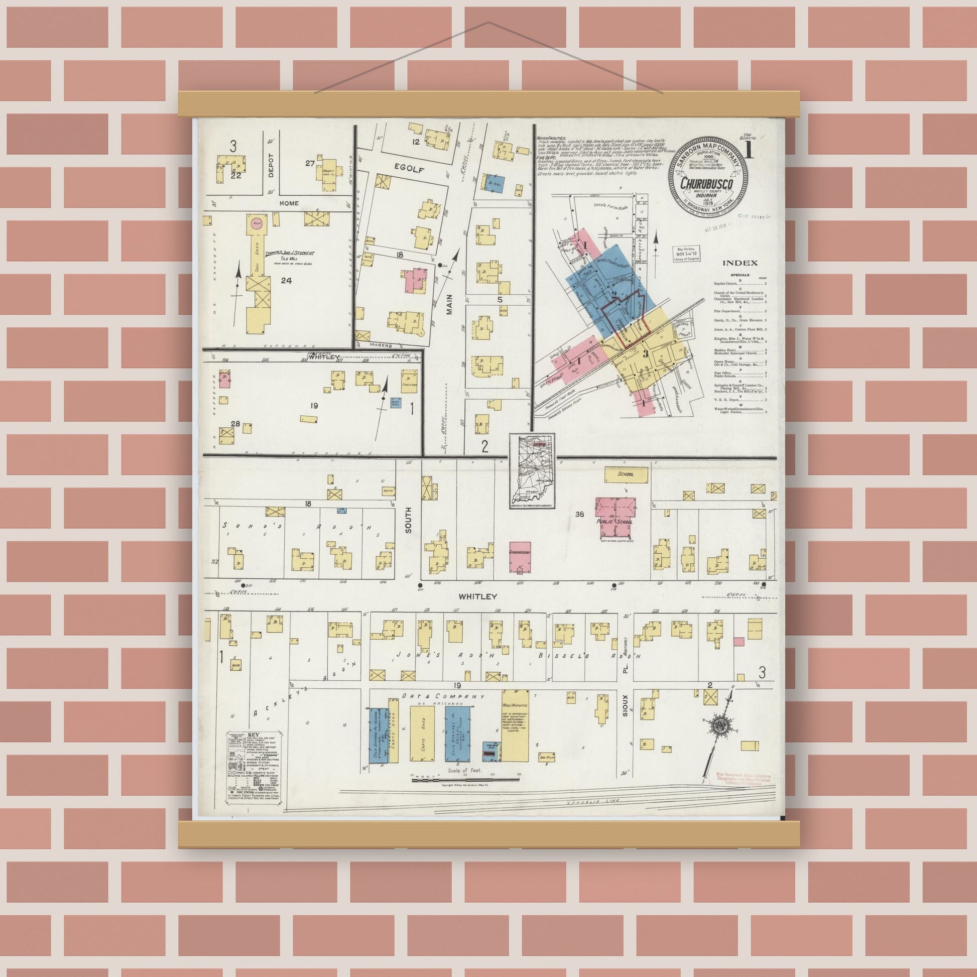 Old map wall art mockup — magnetic wood frame on brick wall — Sanborn Fire Insurance Map from Churubusco, Whitley County, Indiana (1919) - Complete Map Set